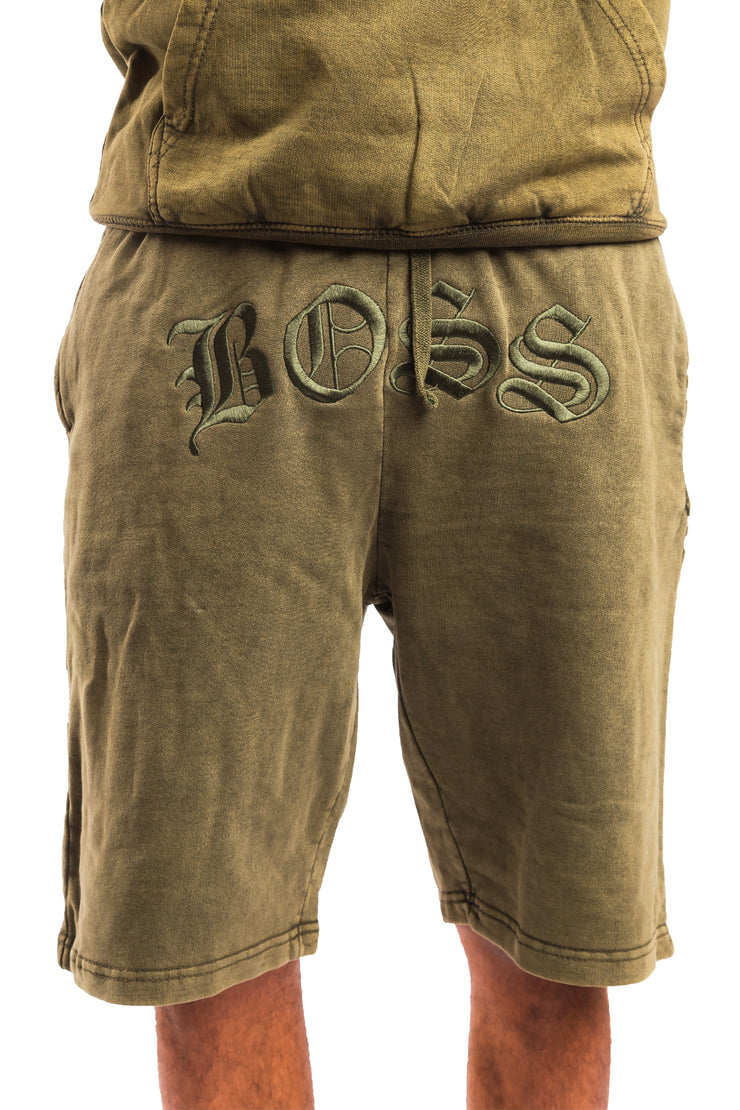 Acid Wash Olive Boss Shorts "Embroidered Logo"